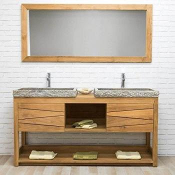 Mueble Doble de Teca Maciza 160 cm con 2 Lavabos Grises - Colección Wanda