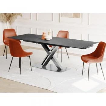 Mesa de Comedor Extensible THYLIA - 6 a 8 Comensales - Cerámica y Metal - Efecto Mármol Negro
