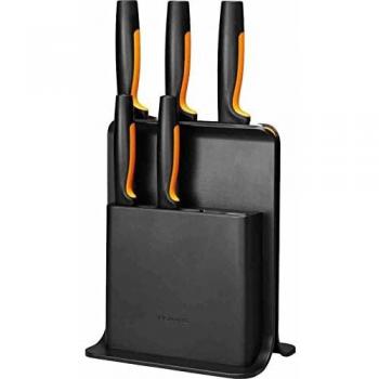 Bloque de cuchillos Fiskars Functional Form con 5 cuchillos, incluye cuchillo de verduras, cuchillo para tomates, cuchillo Santoku, cuchillo de chef y cuchillo de pan, plástico negro
