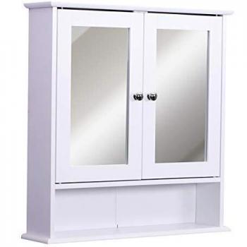 kleankin Armario de Baño con Espejo de Pared con 2 Puertas Armario de 3 Niveles para Almacenamiento Armario de Pared para Cocina Baño Salón Tablero de MDF Fuerte y Fácil de Limpiar Blanco 56x13x58cm