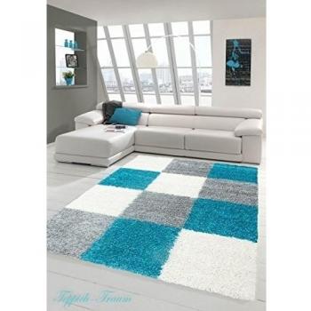 Lanuda Alfombra lanuda Largo Pelo de la Alfombra Alfombra de la Sala con Dibujos en Karo Diseño Turquesa Gris Crema Größe 160x230 cm