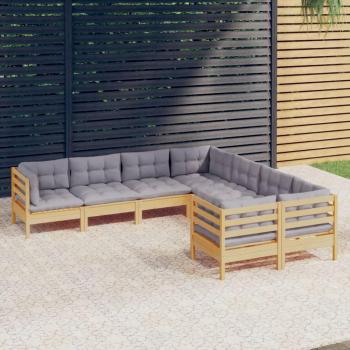 8-Piece Solid Pinewood Garden Lounge Set with Grey Cushions
