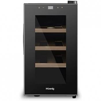 H.Koenig AGE8 - Vinoteca 8 Botellas, Pequeña, Con Capacidad de 25 Litros, 70 W, Silenciosa, 41 dB, 3 Estantes de Madera, Panel Táctil, Luz LED, Puerta de Cristal, Acero Inoxidable, Negra.