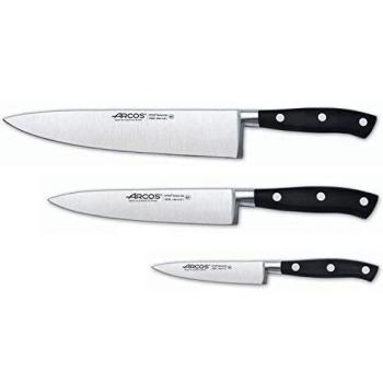 Arcos Riviera, Juego de Cuchillos de Cocina, Mondador + 2 Cuchillo Chef, Acero Inoxidable Forjado Nitrum, Mango POM, Color Negro
