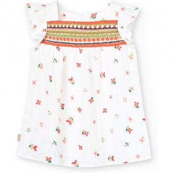 Vestido bambula blanco flores coral y verde con bordado en pecho de Boboli