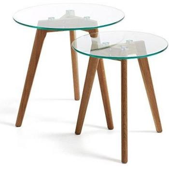 Kave Home - Set de 2 mesas auxiliares Kirb Transparente Redonda Ø 50 / Ø 40 cm con Patas de Madera Maciza de Roble