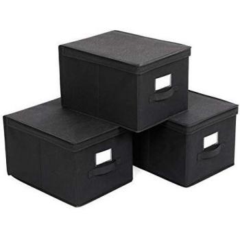 SONGMICS Juego de 3 Cajas Plegables de Alcon Tapas, Cubos de Tela con Portaetiquetas, 40 x 30 x 25 cm, Negro RFB03H