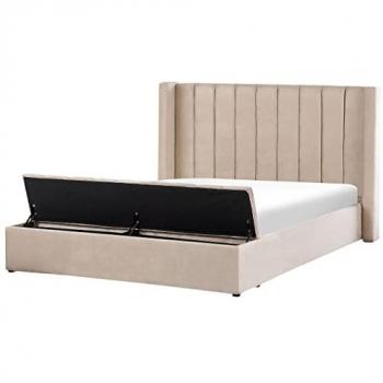 Cama Matrimonial Beige de Terciopelo 180x200 cm con Reposacabezas Alto y Banco de Almacenaje