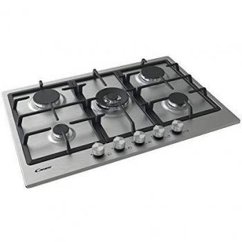 Candy CHG74WPX - Encimera de gas, 75cm ancho en hueco de 60cm, 5 quemadores, 12150W, 3 rejillas hierro fundido, Válvula seguridad Sicurflame, Mandos inox, Acero inoxidable