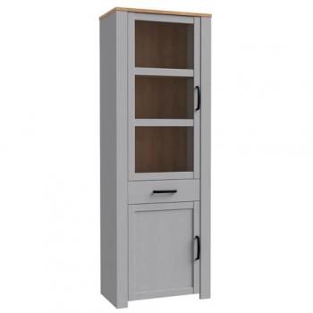 Vitrina Alta Odin 1 Puerta Acristalada con Cajón en Gris Claro y Roble Riviera - 205 cm