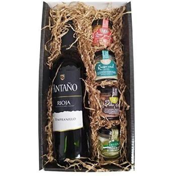 Cesta Gourmet Deliex con Vino Rioja Antaño de 37,5 cl mediana, 2 patés de Lomo Ibérico 30 g y Paté al Pedro Ximénez 30 g, 2 Cremas de Queso de Cabra y oveja Deliex caja pequeña..