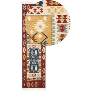 Alfombra Kilim Multicolor de Lana Hecha a Mano 80 x 300 cm con Diseño Oriental y Borlas