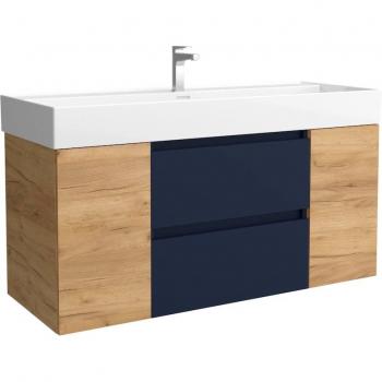 Mueble de baño Bequia con Lavabo Roma, 120 cm, 2 Coquetas, 1 Puerta, color Azul/Roble, dimensiones 120x45x66 cm