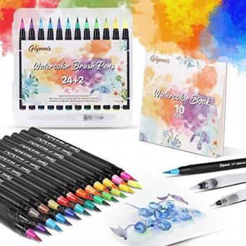 Glymnis Rotuladores Lettering 24 Rotuladores Acuarelables y 2 Cepillo de Agua Rotuladores Punta Pincel de Nylon Rotuladores Pincel con Cuaderno de Dibujo para Lettering Manga Caligrafía y Dibujos