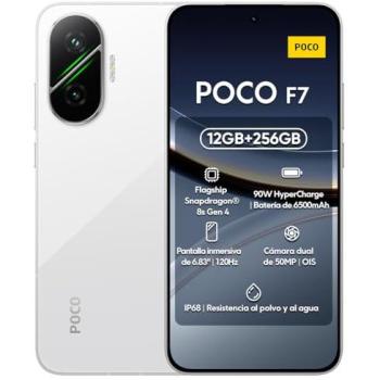 Smartphone POCO F7 5G 12GB/256GB Blanco, Pantalla AMOLED 6.83 1.5K 120Hz, Snapdragon 8s Gen4, Cámara de 50MP OIS, B