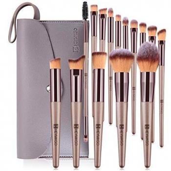 HEYMKGO - Juego de 15 brochas de maquillaje profesionales de color champán, color dorado y champán, con bolsa de cosméticos de piel sintética