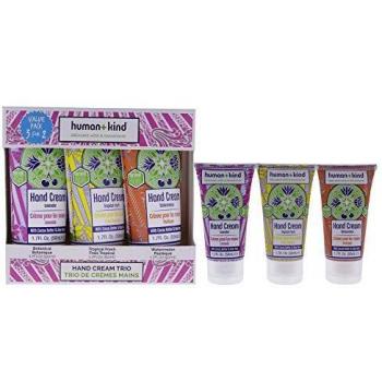 Human+Kind Trío Crema de Manos - Crema Hidratante de Manos, Codos y Pies - Enriquecida con Aceite de Aguacate y Manteca de Karité - Pack de 3, Lavanda, Frescor Tropical, Sandía – 3 x 50 ml