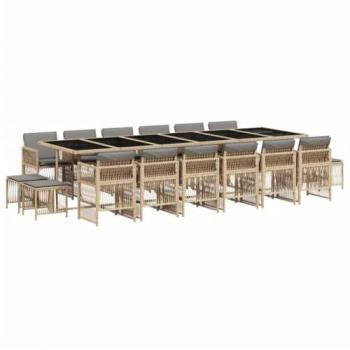 Set comedor de jardín 17 pzas con cojines ratán sintético beige