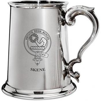 Skene Family Crest Polished Pewter 1 Pint Tankard with Scroll handle
