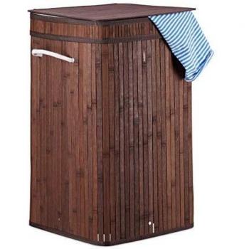 Cesto de Ropa Sucia Plegable de Bambú con Tapa, 70 l, Cuadrado, Marrón - Relaxdays