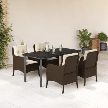5-Piece Brown Poly Rattan Garden Dining Set with Cushions
