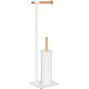 Portarrollos de Papel Higiénico de Pie con Escobillero, Soporte de metal estilo nórdico, sin Necesidad de Taladrar, Fíjalo Portarrollos metal bambú 22x16x68 blanco