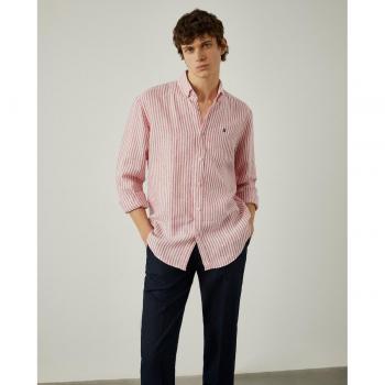 Camisa de lino para hombre Lion of Porches, corte regular, estampado de rayas en azul