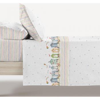 Juego de sábanas infantil Manterol Casitas Playeras 90 cm con bajera y diseño de casas y estrellas