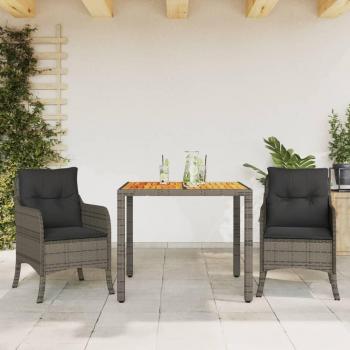 3-Piece Grey Poly Rattan Garden Dining Set with Cushions