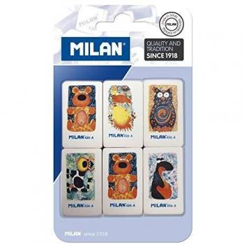Milan 436A Blíster con 6 Gomas de Borrar Rectangulares, Miga de Pan, Caucho Sintético Suave, Diseños de Animales Infantiles Surtidos, Color Blanco