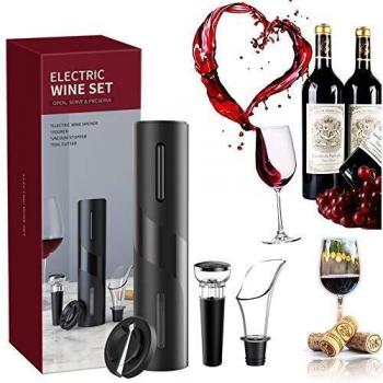 Abridor de vino 4 en 1 Juego, sacacorchos eléctrico Portátil, set sacacorchos electrico, con cortador de papel de aluminio, Tapón de Vino Silicona de Vacío y Vertedor de Vino