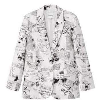 Desigual Women's Straight Blazer with Text and Floral Print in White, Size S