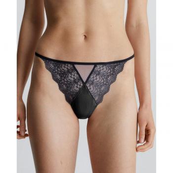 Calvin Klein - Tanga de encaje, color negro, talla M, material 90% nylon y 10% elastano, diseño con encaje floral y cintura elástica