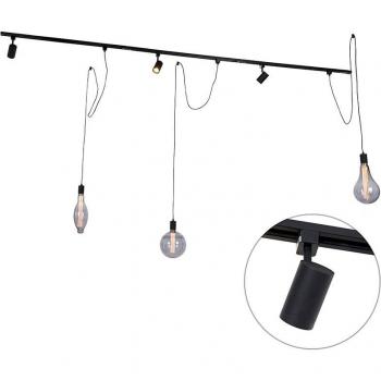 Sistema de carril monofásico con 3 focos y 3 lámparas colgantes negro - Cavalux Jeana, dimensiones 285 x 9.8 x 237 cm, material aluminio negro