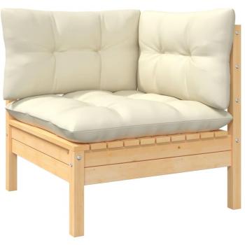 Sofá de esquina de jardín vidaXL con cojines sólidos de crema y estructura de madera maciza de acacia