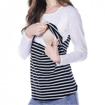 Meedot Mujer Enfermería Tops Amamantamiento Maternidad T-Shirt Doble Capas Parte Superior Largo Manga Camisa El Embarazo Tops A Rayas Sweatshirt Jersey Blanco L