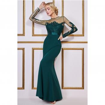 Goddiva Embroidered Mesh & Scuba Maxi Dress - Emerald Green