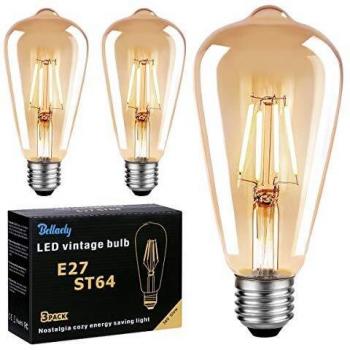 Bombillas Vintage E27 LED, Bombilla Filamento LED ST64 4W Equivalente a 40W, 400LM 2700K E27 Retro Edison Bombillas Decorativas Lámpara Ambar Cálido, No Regulable - Pack de 3