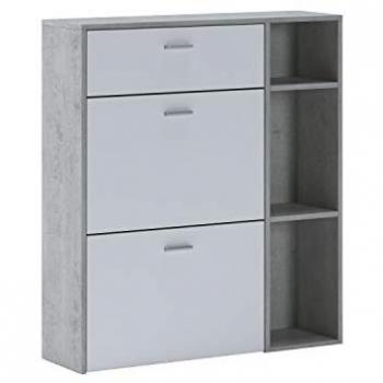Zapatero Wind, melamina gris cemento y blanco mate, medidas 90 cm (ancho) x 101.5 cm (alto) x 26 cm (fondo), con puertas