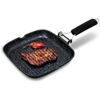 Grill Asador Briebe GP1157, Inducción, Antiadherente Titanio 20x20cm, Aluminio Fundido sin PFOA, Mango Plegable, Negro