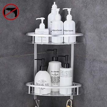 GERUIKE Estante Ducha Rinconera Ducha Estanteria Baño Cesta Ducha Adhesiva Bandeja almacenaje con 2 Ganchos para baño Cocina 2 Niveles Rinconera de Ducha Aluminio Taladro Plateado