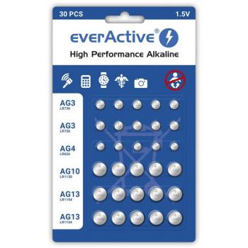 EverActive - Juego de Pilas Alcalinas de Botón, 30 Unidades con Duración de 3 Años