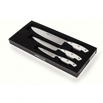 Arcos Riviera Blanc, Juego de Cuchillos de Cocina, Mondador + Santoku + Cuchillo de Chef, Acero Inoxidable Forjado Nitrum, Mango POM, Color Blanco