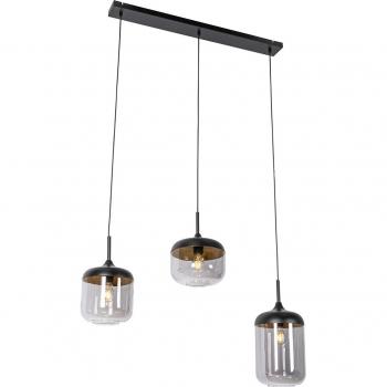 Lámpara colgante de diseño negra con dorado y cristal ahumado 3 luces Kyan, dimensiones 102 x 24 x 170 cm, vidrio gris