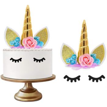 GOEU Decoración de Unicornio para Tartas de Cumpleaños-Tarta de Unicornio y Cuerno de Oro Unicornio 3D, Dos Pestañas y 7 Flores para Fiesta,Cumpleaños y Boda