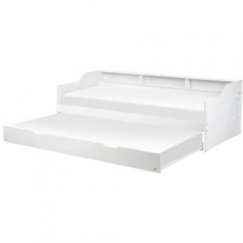 Cama Nido Individual Edern de Madera Blanca con Somier y Estructura de Terciopelo, Tamaño 90 x 200 cm, Marco Deslizante Extraíble