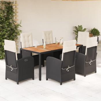 7-Piece Black Poly Rattan Garden Dining Set with Cushions