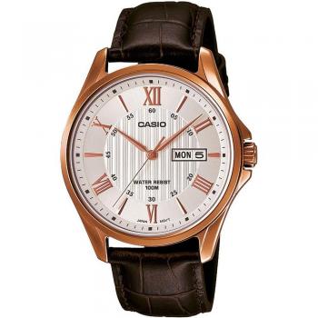 Reloj Casio Collection MTP-1384L-7AVEF para Hombre, Analógico, 47mm, Caja de Oro Rosa y Plata con Correa de Cuero Color Chocolate y Dial Gris Plata