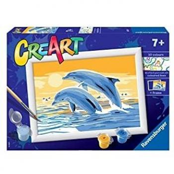 Ravensburger, CreArt, Delfines Amigos, Kit de Pintura, Pintar por Números, Juego Creativo para Niños y Niñas, 2 Pinceles y 1 Marco, Edad Recomendada 7+
