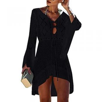 Jinsha Vestido de Playa - Mujer Pareos y Camisola de Playa Sexy Hueco Traje de Baño Punto Bikini Cover up, Negro, talla única